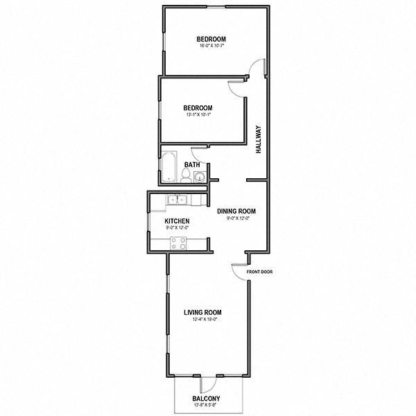 Floor plan for 2 beds, 2 baths, 895 sqft